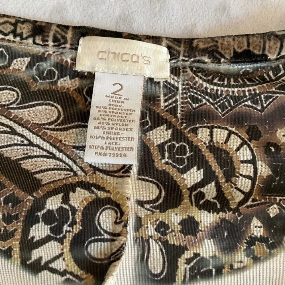 Chico's Blouse Women 2 Brown Animal Print Rhinestone Mixed Media 3/4 Sleeve Top